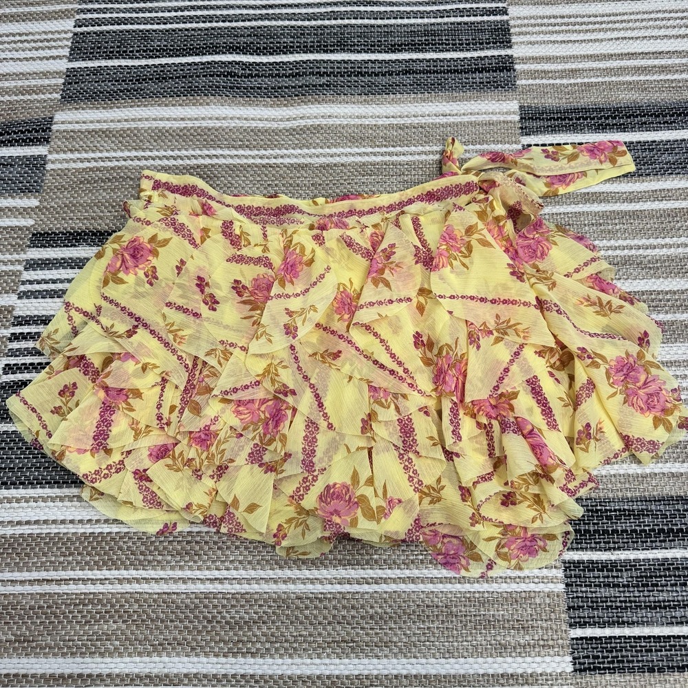 Free People‎ Bali Made You Look Skort Women's 4 Yellow Floral Ruffle Boho Lined